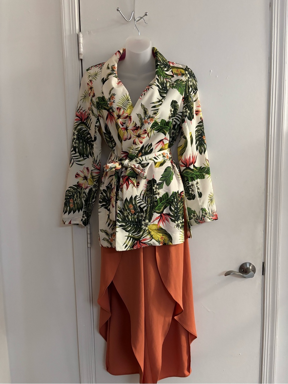 Tropical Print Wrap Blazer with Burnt Orange Cascade Pants